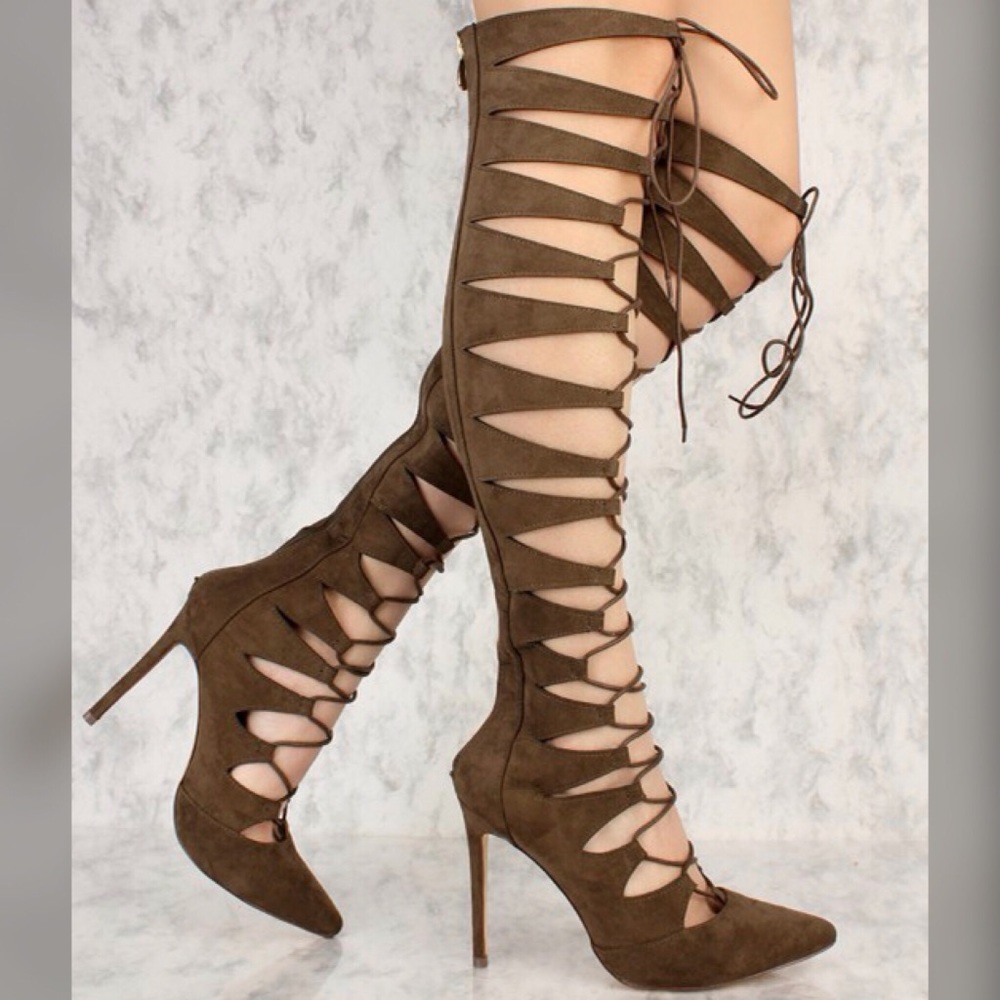 Olive Over the Knee CutOut Lace Up Close Toe Heels